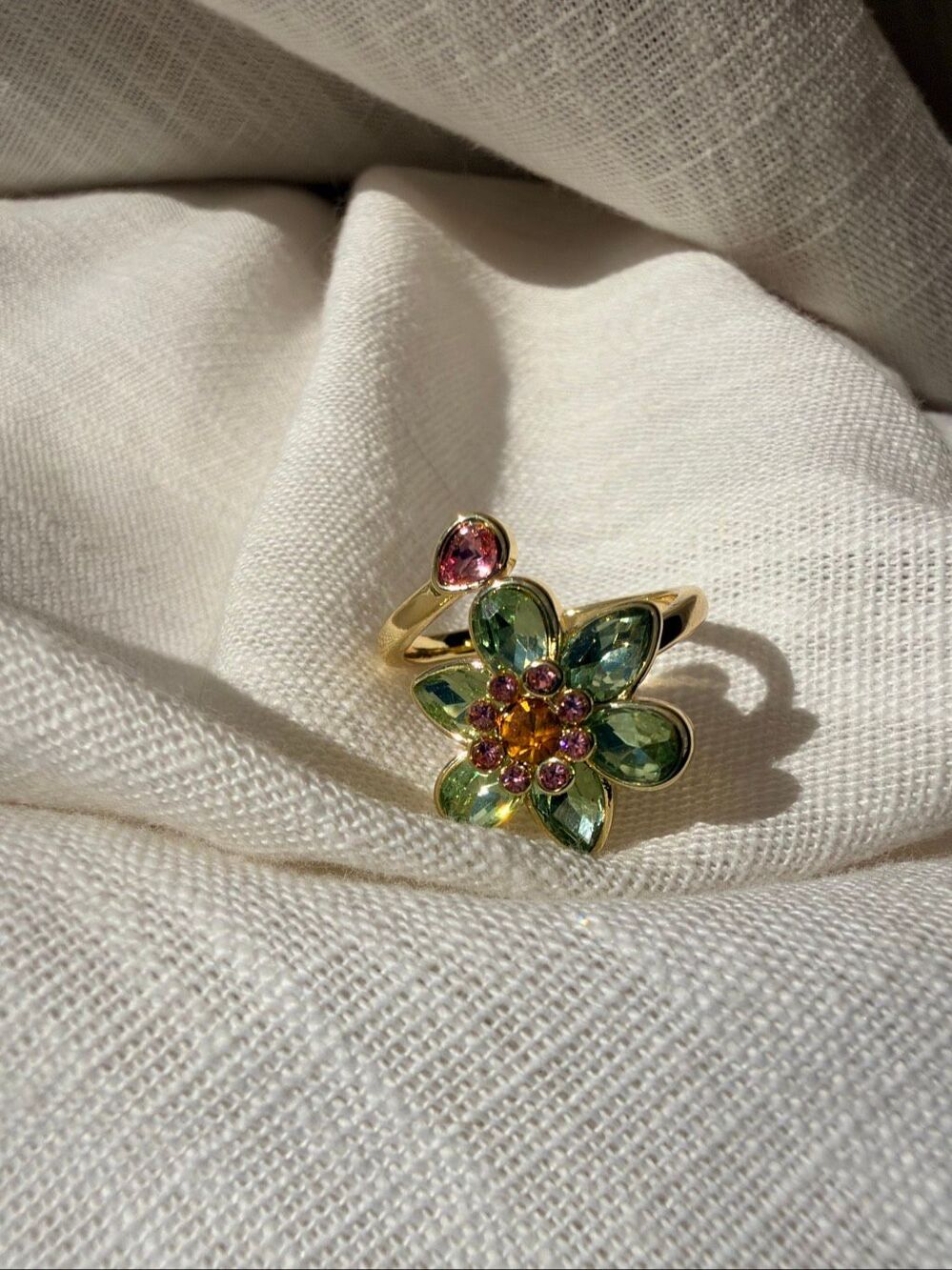 Green Floral Rhinestone Adjustable Statement Ring Gold Tone
